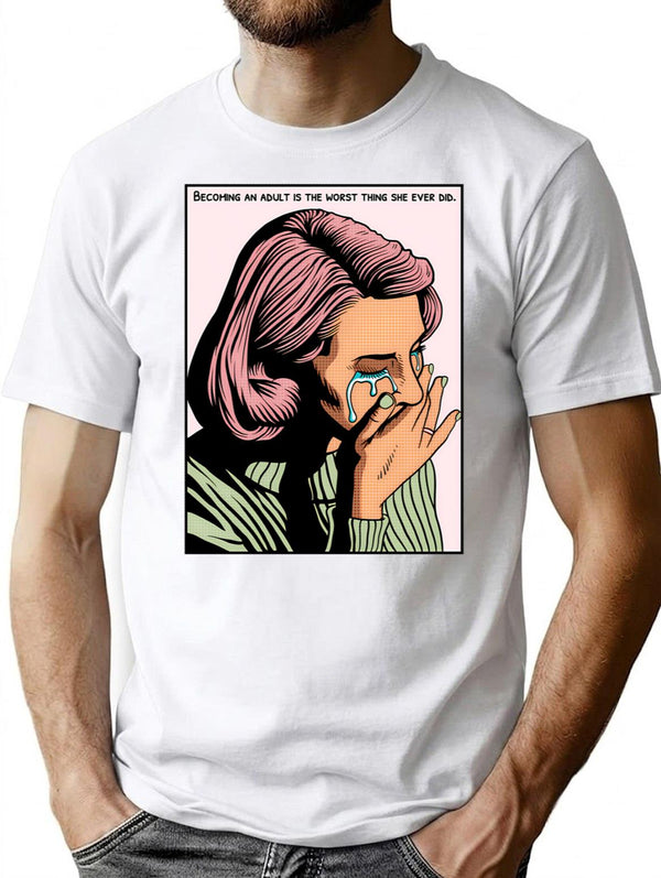 Becoming An Adult Sucks (1) T-Shirt - Retro Graphic Tee for Men & Women - White