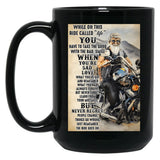 Biker While On This Ride Called Life Poster Black Coffee Mug