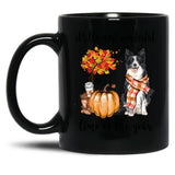 Border Collie Dog And Autumn Black Coffee Mug, Gift Coffee Mug