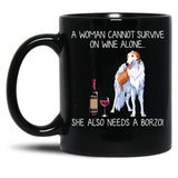 Borzoi And Wine Funny Dog Black Coffee Mug, Gift Coffee Mug