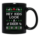 Christmas Hey Kids Look A Deer Ugly Sweater Style Black Coffee Mug, Gift Coffee Mug - Black
