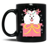 Christmas Reindeer Samoyed In A Gift Box Black Coffee Mug, Gift Coffee Mug