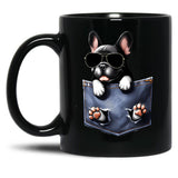 Cool French Bulldog In The Pocket Black Coffee Mug, Gift Coffee Mug
