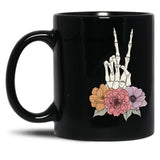 Cool Skeleton Mama With Flowers Peace Black Coffee Mug, Gift Coffee Mug