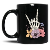 Cool Skeleton Mama With Flowers Black Coffee Mug, Gift Coffee Mug