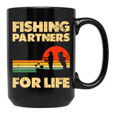 Couples Fishing Tees Retro Vintage Fishing Partners For Life Black Coffee Mug, Gift Coffee Mug - Black