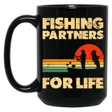 Couples Fishing Tees Retro Vintage Fishing Partners For Life Black Coffee Mug, Gift Coffee Mug