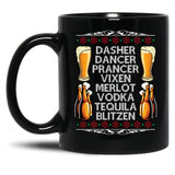 Dasher Vodka Blitzen Alcohol Reindeer Funny Christmas Meme Pullover Black Coffee Mug, Gift Coffee Mug