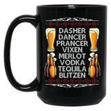 Dasher Vodka Blitzen Alcohol Reindeer Funny Christmas Meme Pullover Black Coffee Mug, Gift Coffee Mug