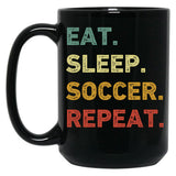 Eat Sleep Soccer Repeat Retro Funny Soccer Black Coffee Mug, Gift Coffee Mug