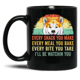 Every Snack You Make Every Meal You Bake Akita Inu Black Coffee Mug, Gift Coffee Mug