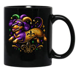 Festive Dachshund Mardi Gras Design With Jester Hat And Fleur-De-Lis Black Coffee Mug, Gift Coffee Mug - Black