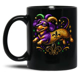 Festive Dachshund Mardi Gras Design With Jester Hat And Fleur-De-Lis Black Coffee Mug, Gift Coffee Mug