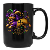 Festive Dachshund Mardi Gras Design With Jester Hat And Fleur-De-Lis Black Coffee Mug, Gift Coffee Mug - Black