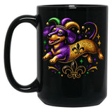 Festive Dachshund Mardi Gras Design With Jester Hat And Fleur-De-Lis Black Coffee Mug, Gift Coffee Mug
