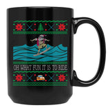 Funny Christmas Surfing Santa Hawaiian Ugly Christmas Black Coffee Mug, Gift Coffee Mug - Black