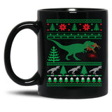 Funny Dinosaur T-Rex Eating Reindeer Tree Rex Ugly Christmas Sweater Black Coffee Mug, Gift Coffee Mug