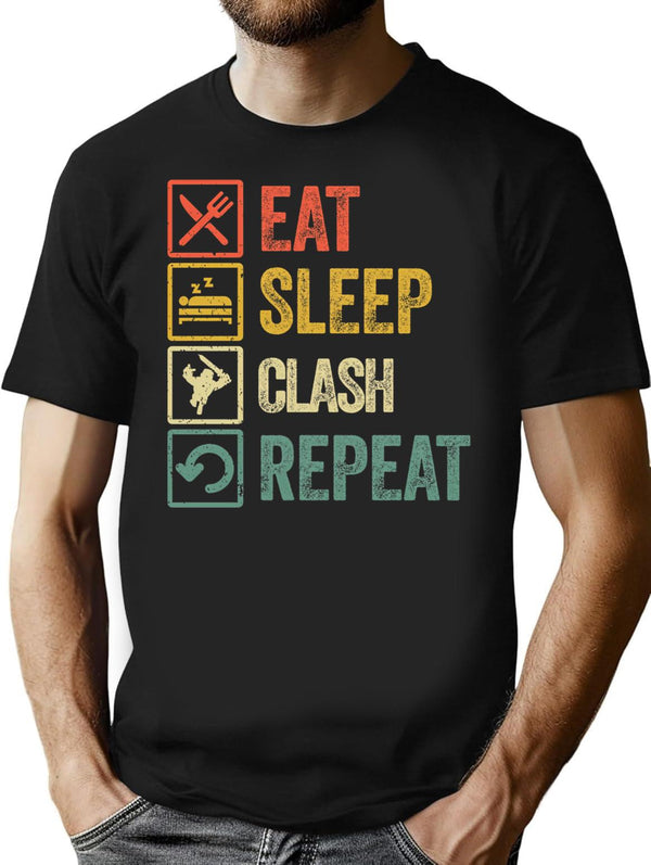 Funny Eat Sleep Clash Repeat Retro Vintage T-Shirt - Black