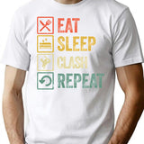 Funny Eat Sleep Clash Repeat Retro Vintage T-Shirt - White