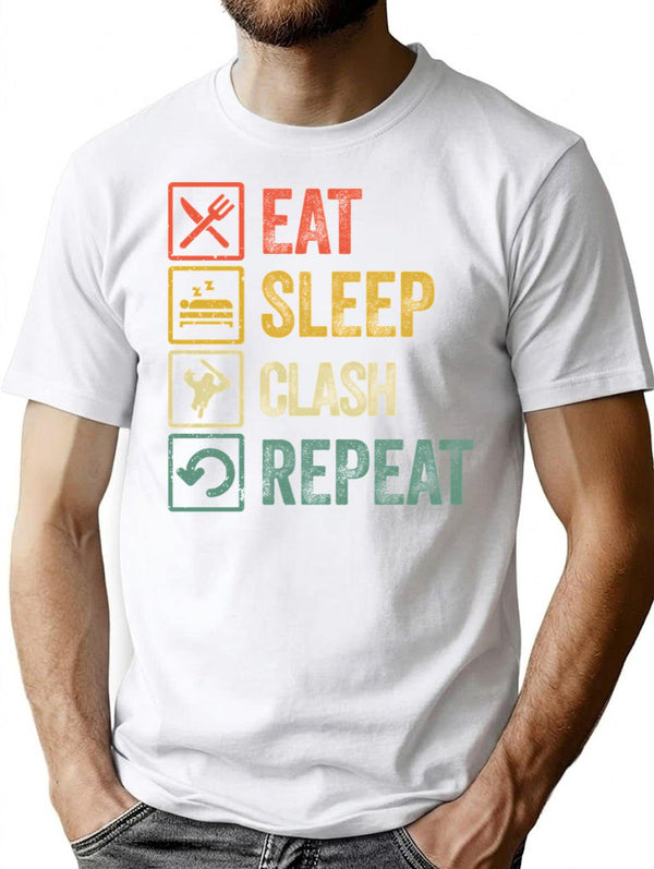 Funny Eat Sleep Clash Repeat Retro Vintage T-Shirt - White