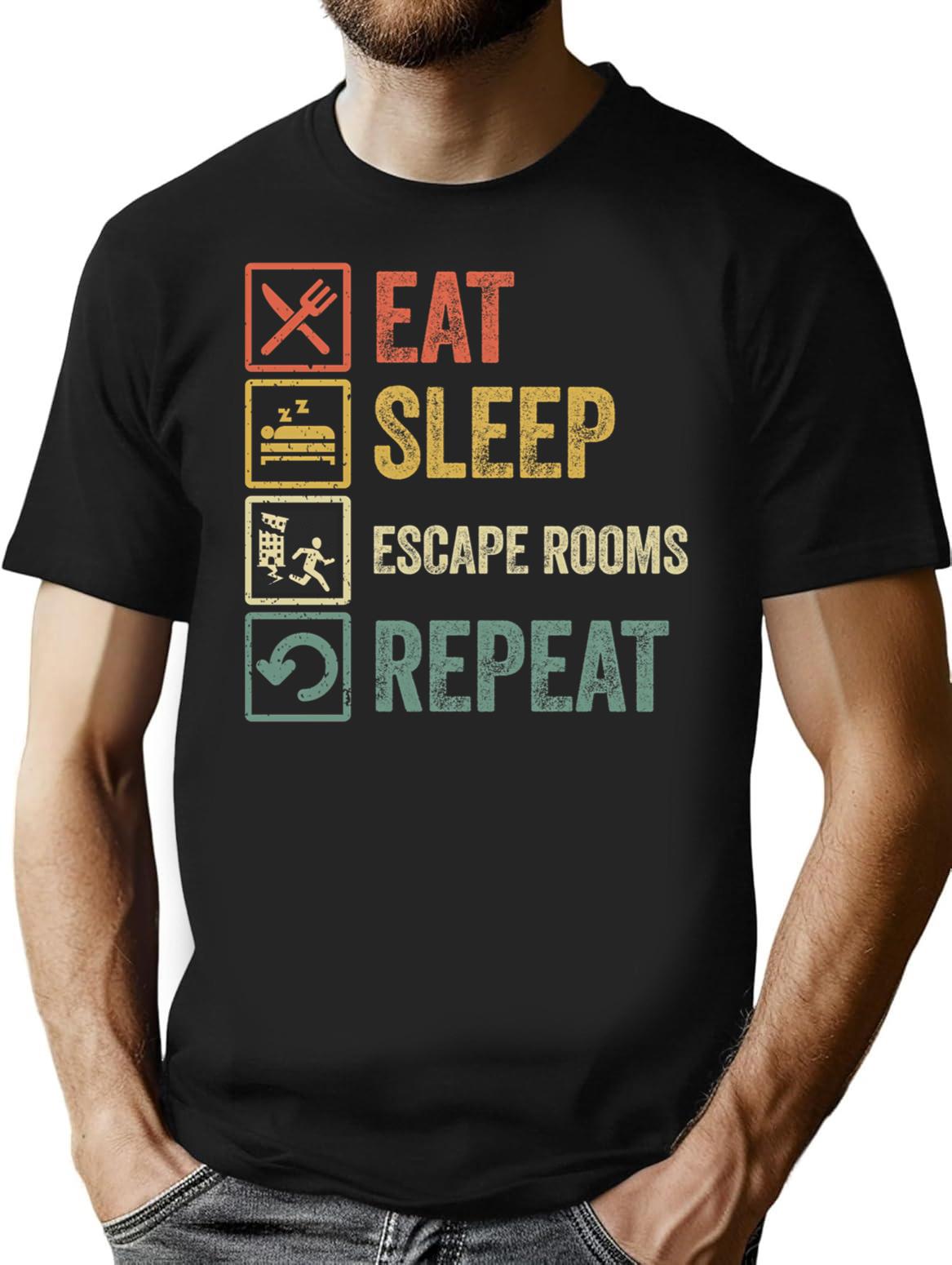 Funny Eat Sleep Escape Rooms Repeat Retro Vintage T-Shirt - Black