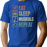 Funny Eat Sleep Musicals Repeat Retro Vintage T-Shirt - Blue
