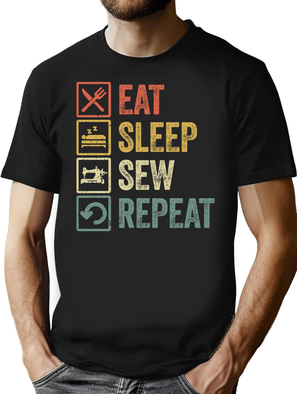 Funny Eat Sleep Sew Repeat Retro Vintage Gift T-Shirt - Black