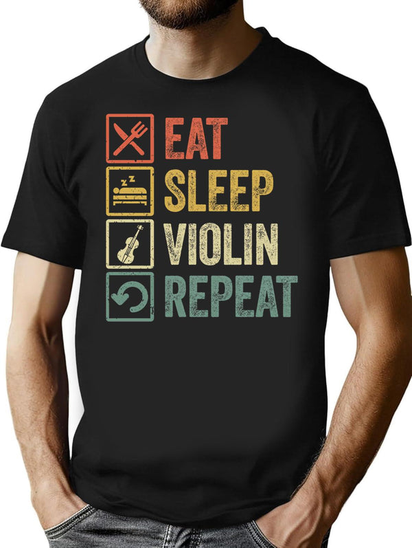 Funny Eat Sleep Violin Repeat Retro Vintage Gift T-Shirt - Black