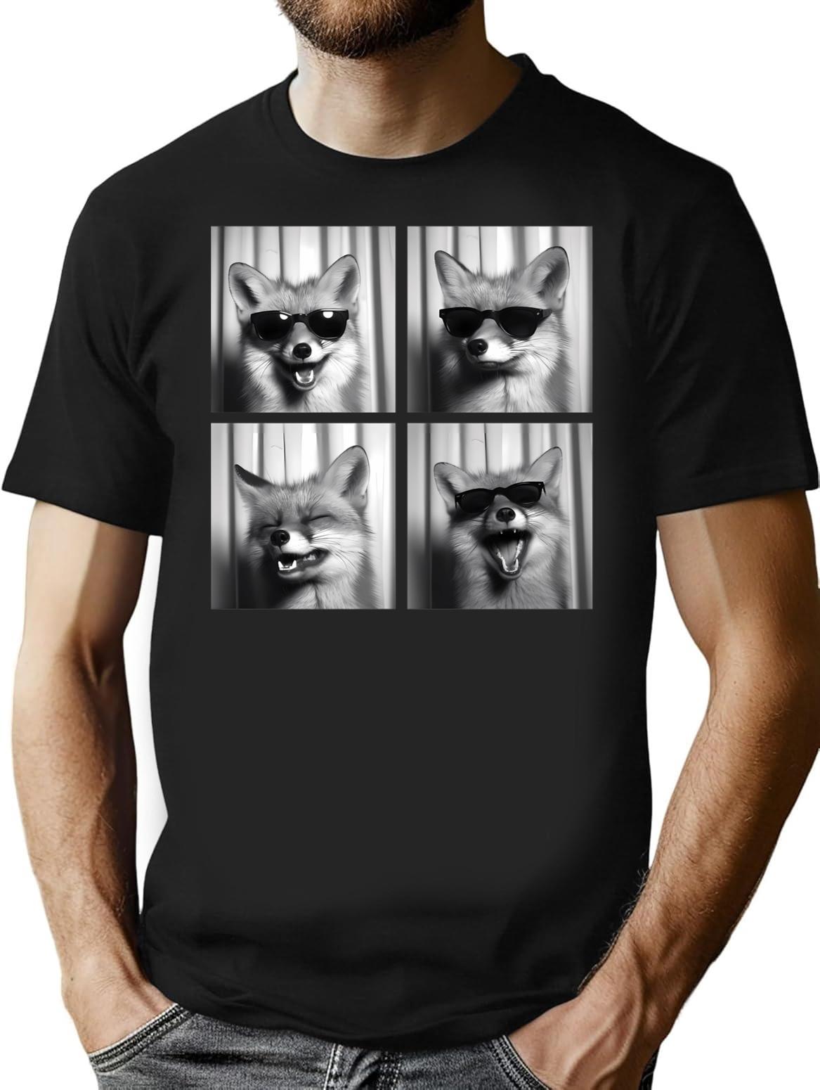 Funny Fox Photobooth Session Retro Vintage Black And White T-Shirt - Black