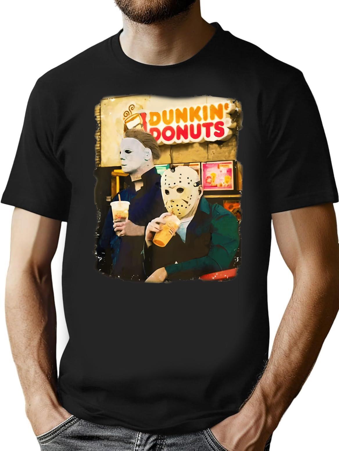 Funny Halloween Dunkinn Donut Horror Movie Michael And Jason T-Shirt - Black