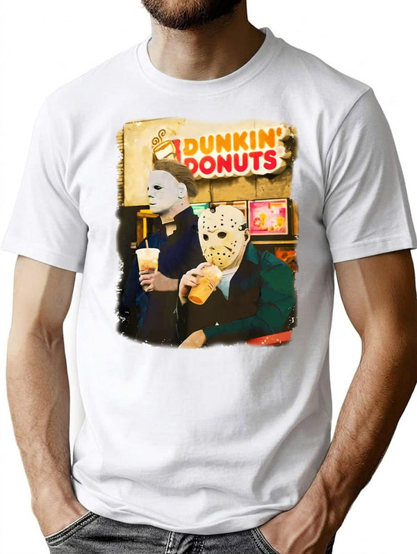 Funny Halloween Dunkinn Donut Horror Movie Michael And Jason T-Shirt - White