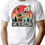 Funny Retro He Is Rizzin Christian Easter Playing Basketball T-Shirt - White