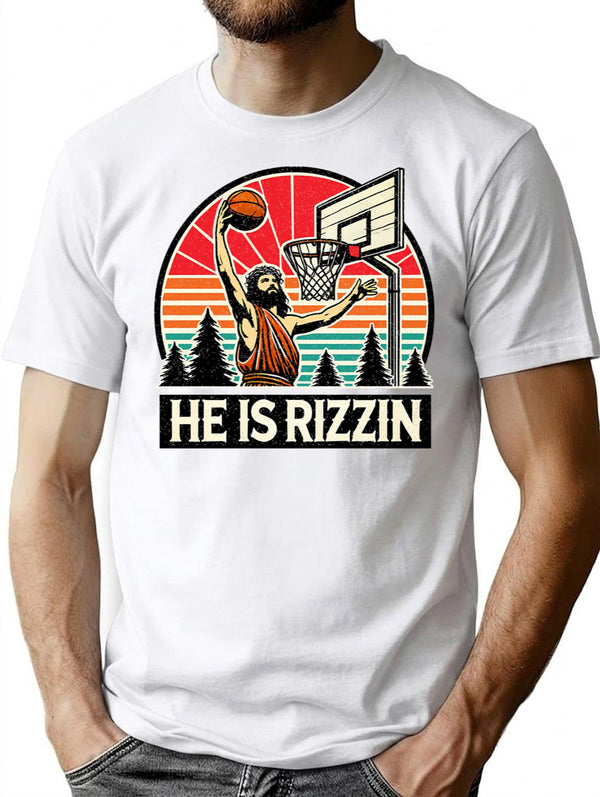 Funny Retro He Is Rizzin Christian Easter Playing Basketball T-Shirt - White