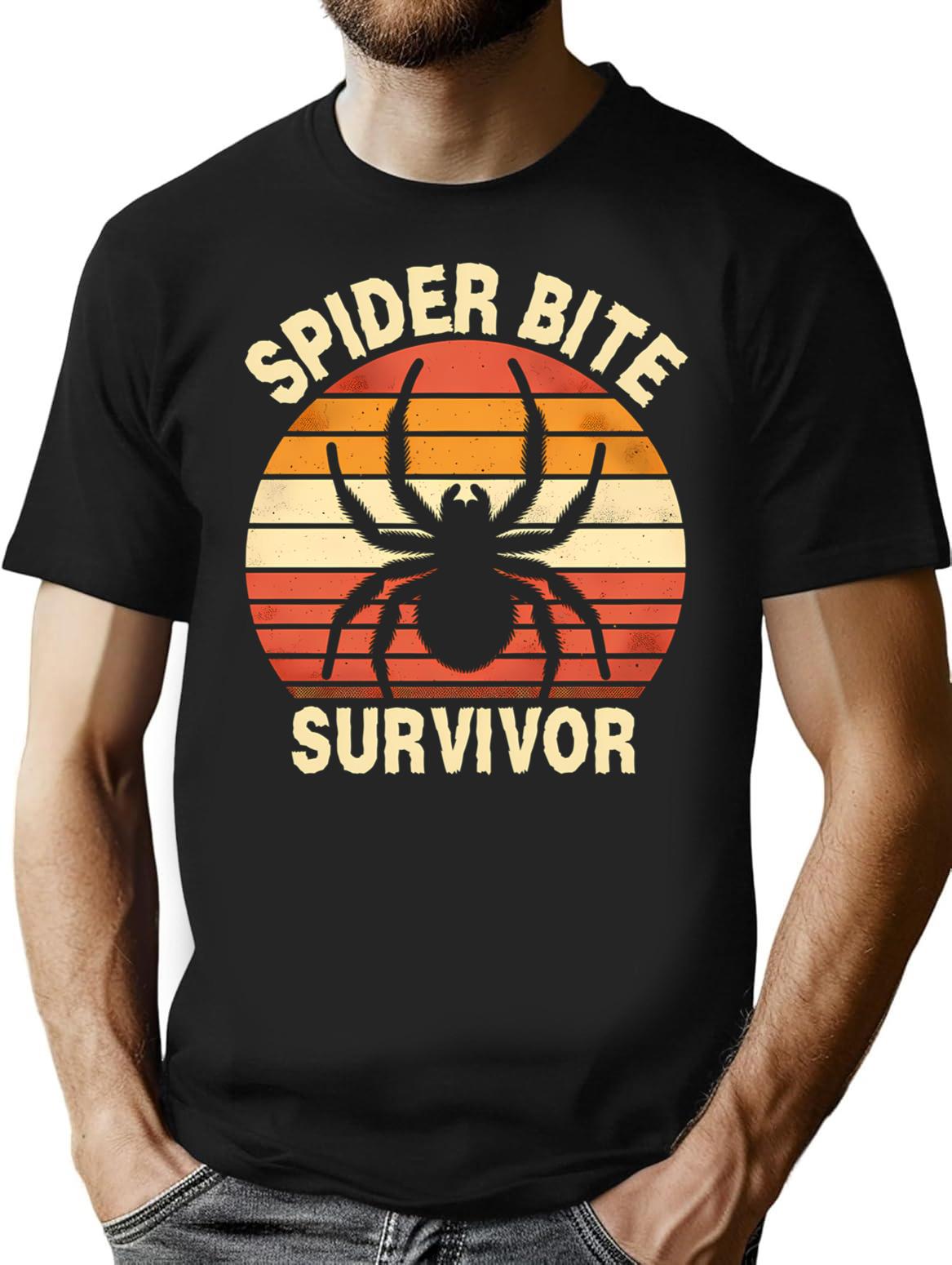 Funny Retro Spider Bite Survivor Humor T-Shirt - Black