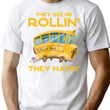 Funny School Bus Driver Gift They See Me Rollin' The Hatin' Vintage - Bus Lover T-Shirt - White