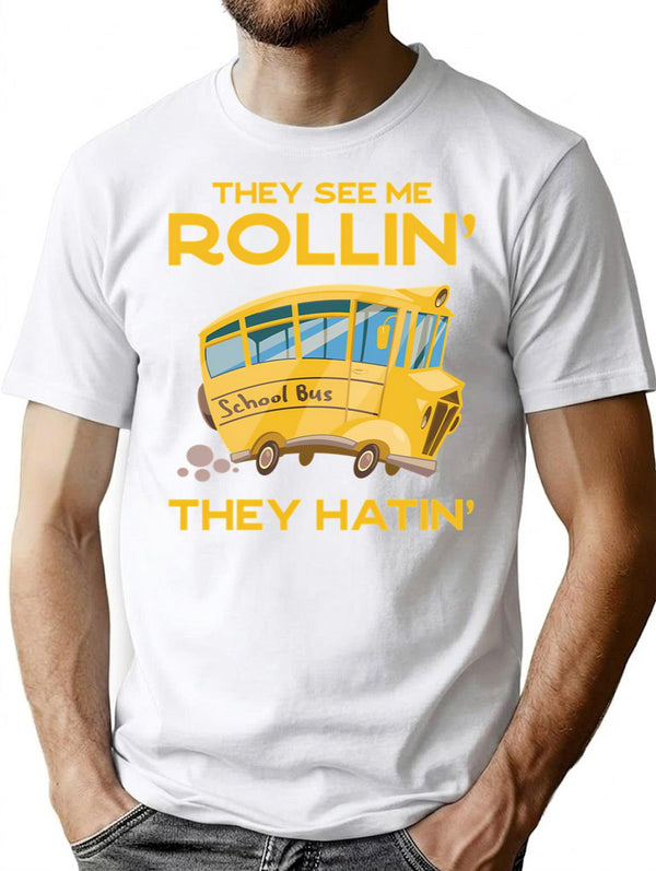 Funny School Bus Driver Gift They See Me Rollin' The Hatin' Vintage - Bus Lover T-Shirt - White