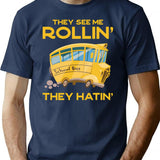 Funny School Bus Driver Gift They See Me Rollin' The Hatin' Vintage - Bus Lover T-Shirt - Navy