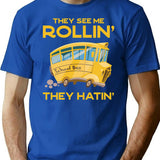 Funny School Bus Driver Gift They See Me Rollin' The Hatin' Vintage - Bus Lover T-Shirt - Blue