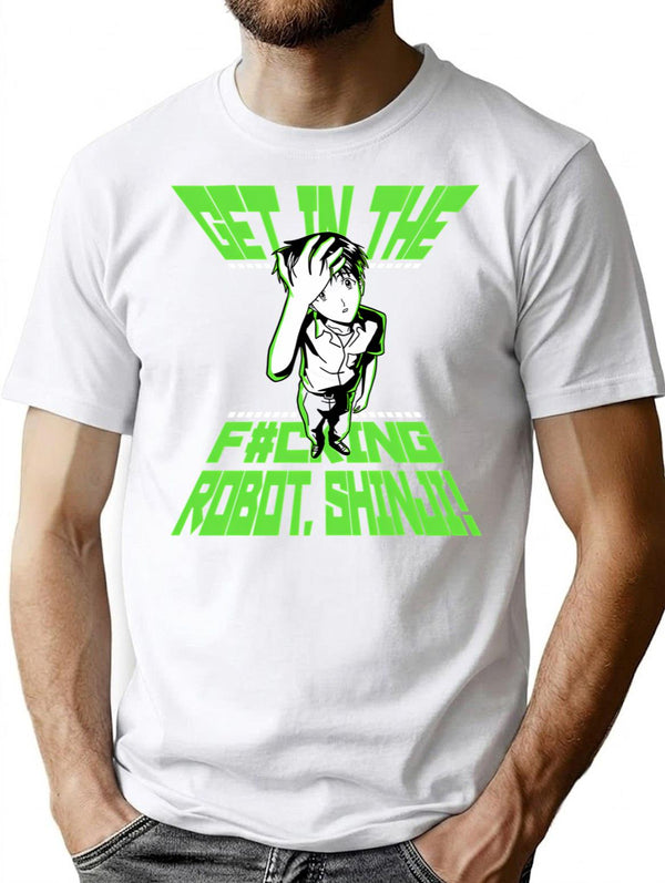 Get In The Robot Shinji T-Shirt - Retro Graphic Tee for Men & Women - White