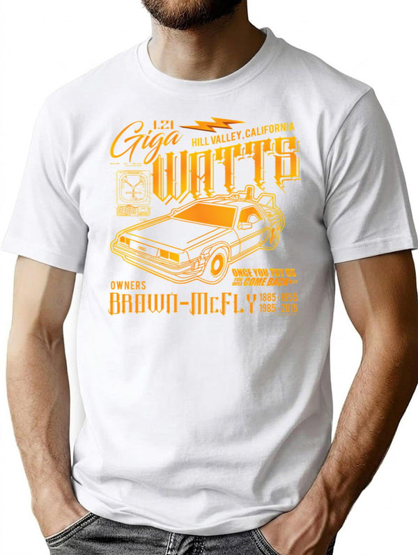 Giga Watts Garage Back To The Future Delorean Car ( Ucs Llc And Amblin) T-Shirt for Men & Women, T-Shirts Graphic Tee - White