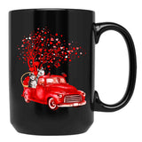 Husky Riding Red Truck Valentine Butterfly Heart Tree Black Gift Coffee Mug - Black