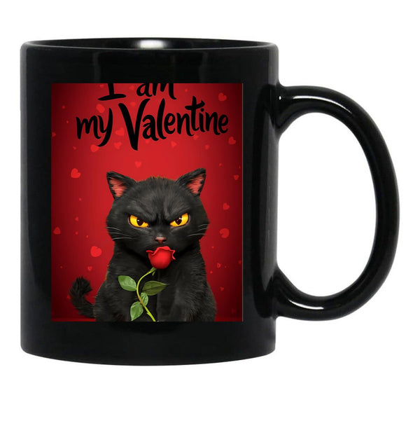 I Am My Valentine Black Cat Black Coffee Mug, Gift Coffee Mug - Black