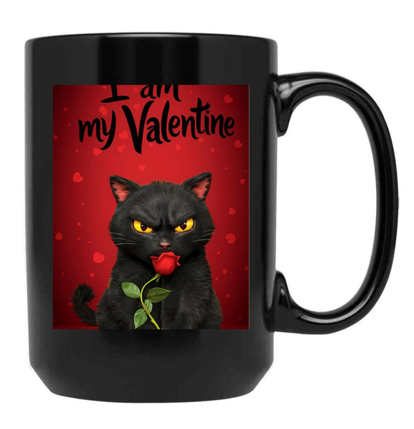 I Am My Valentine Black Cat Black Coffee Mug, Gift Coffee Mug - Black