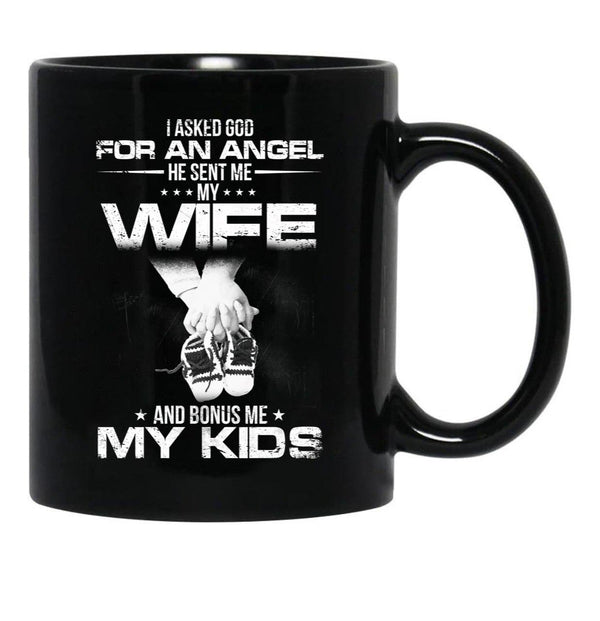 I Asked God For A Hero He Sent Me My Wife And Bonus Me My Kids Black Coffee Mug, Gift Coffee Mug - Black