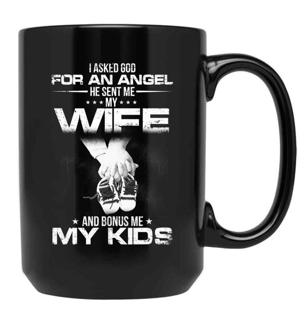 I Asked God For A Hero He Sent Me My Wife And Bonus Me My Kids Black Coffee Mug, Gift Coffee Mug - Black