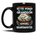 I Asked God To Make Me A Better Moman He Sent Me My Grandson Family Black Coffee Mug, Gift Coffee Mug