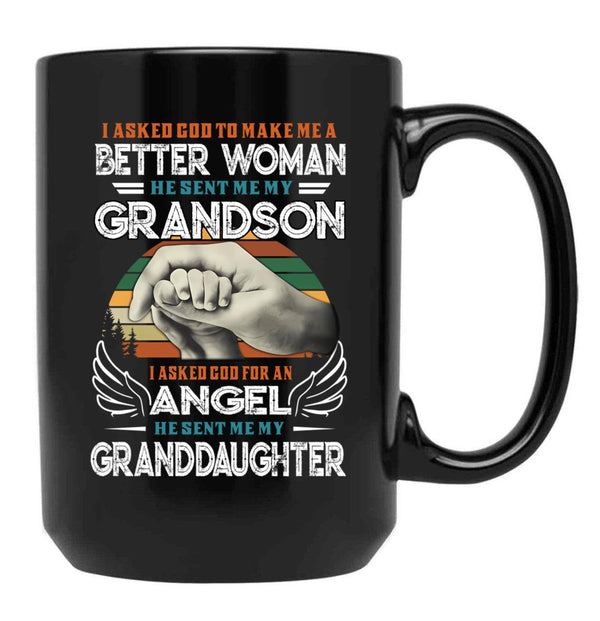 I Asked God To Make Me A Better Moman He Sent Me My Grandson Family Black Coffee Mug, Gift Coffee Mug - Black