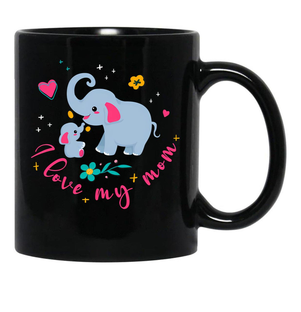 I Love My Elephant Mama Cute Mama And Baby Elephant Black Coffee Mug - Black