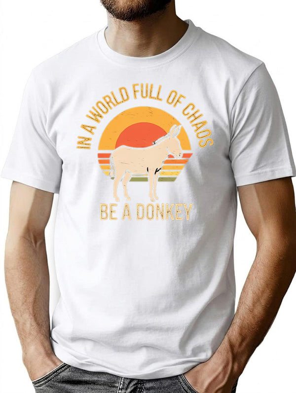 In A World Full Of Chaos Be A Donkey Retro Sunset Design T-Shirt - White