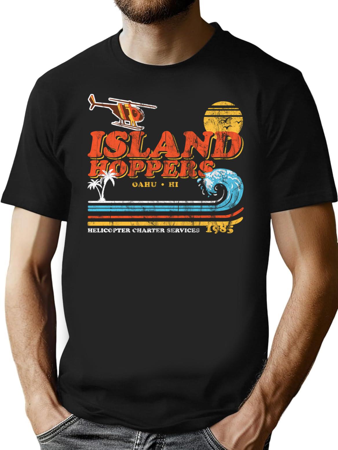 Island Hoppers Retro Magnum Pi Worn T-Shirt for Men & Women, T-Shirts Graphic Tee - Black